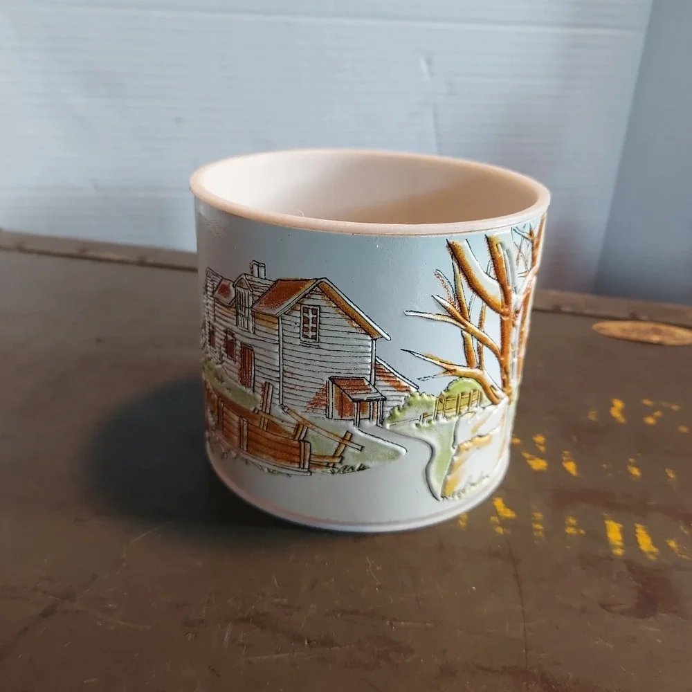 Vintage 3D Embossed Farm Scene Plastic Insulated Cup Planter Farmhouse Decor